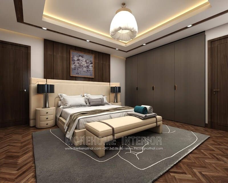 Mẫu giường ngủ gỗ tần bì bọc da cùng với tone màu nhẹ nhàng thể hiện sự sang trọng mà vẫn toát lên vẻ hiện đại, tinh tế